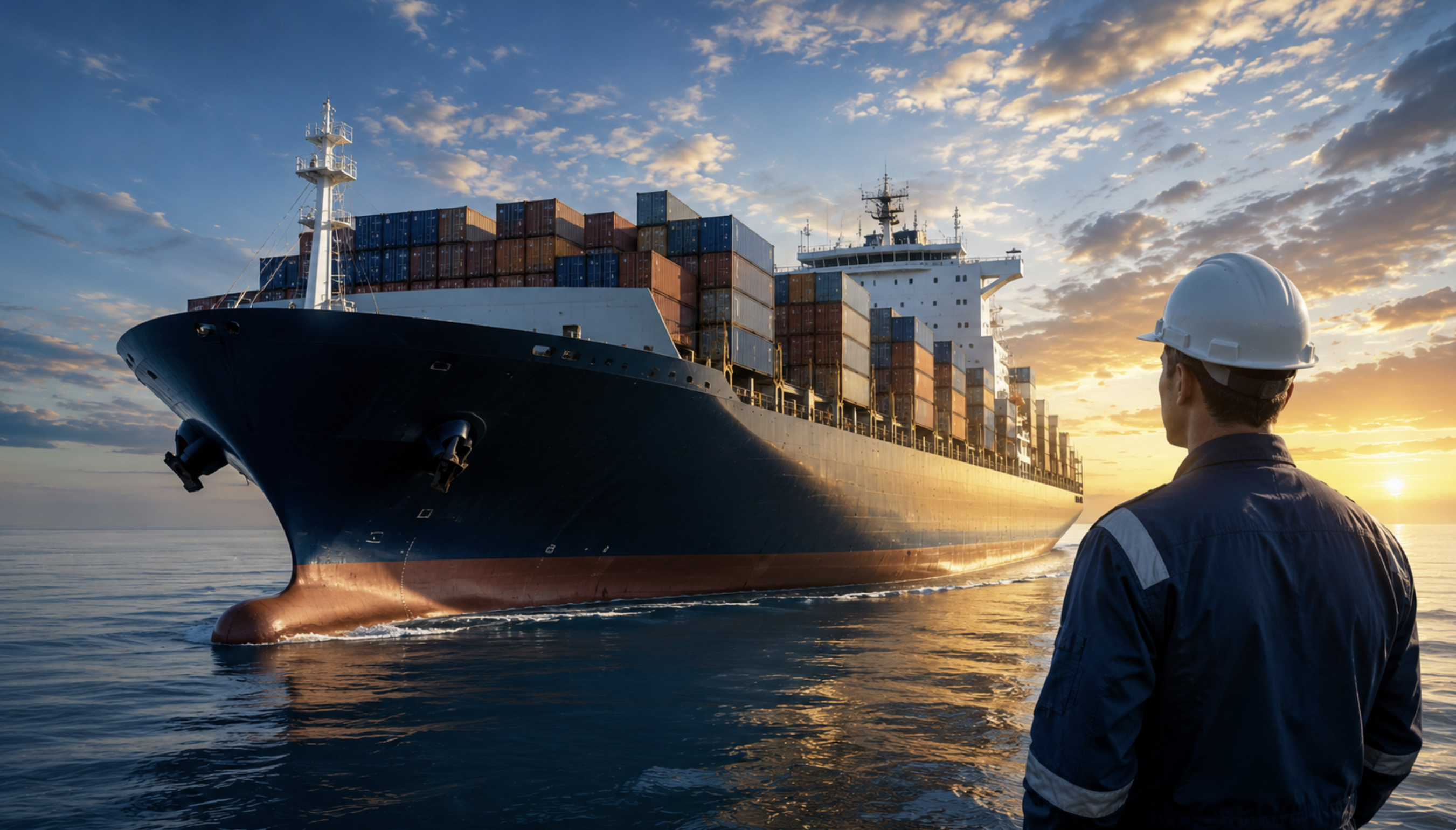 Container ship at sea with a maritime officer — Sriram Institute of Marine Studies, Dwarka